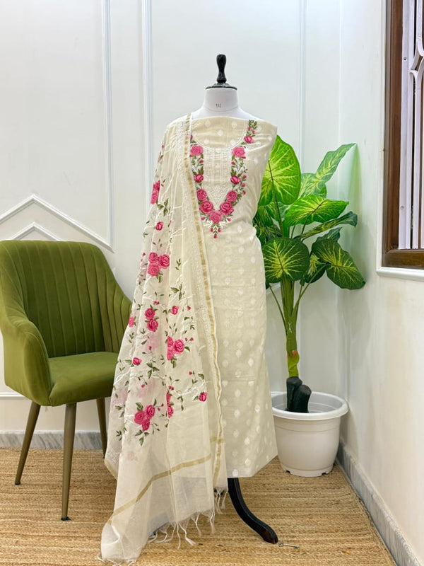 Banarsi Unstitched white suit