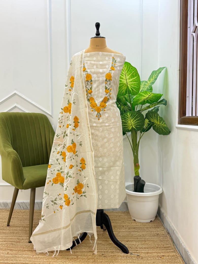 Banarsi Unstitched white suit