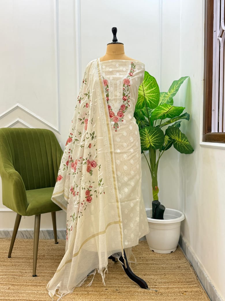 Banarsi Unstitched white suit