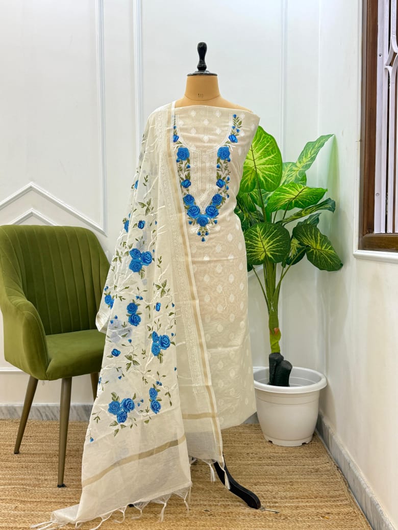 Banarsi Unstitched white suit